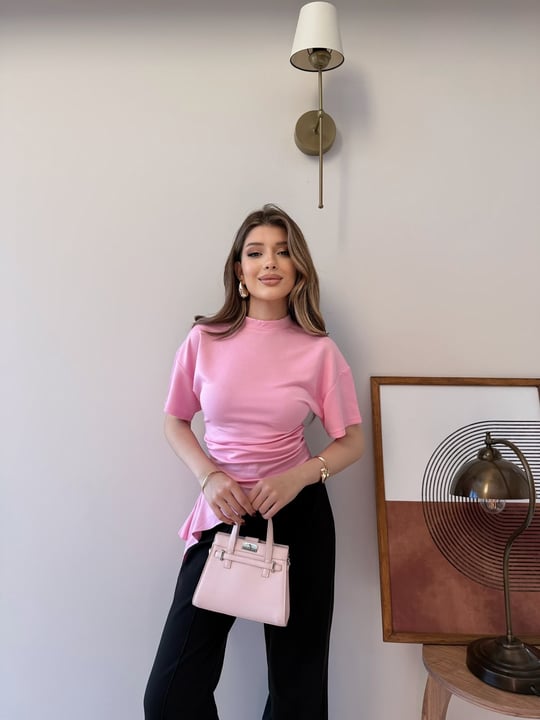 Bel Drape Saçaklı Modal Tişört Pembe 2326