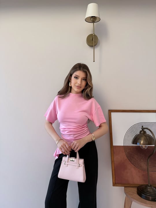 Bel Drape Saçaklı Modal Tişört Pembe 2326