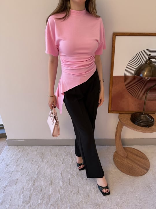 Bel Drape Saçaklı Modal Tişört Pembe 2326
