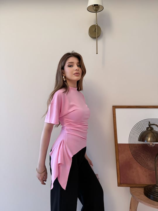Bel Drape Saçaklı Modal Tişört Pembe 2326