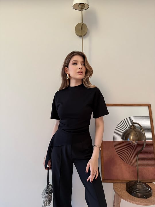 Bel Drape Saçaklı Modal Tişört Siyah 2326