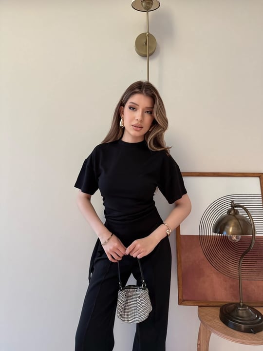 Bel Drape Saçaklı Modal Tişört Siyah 2326
