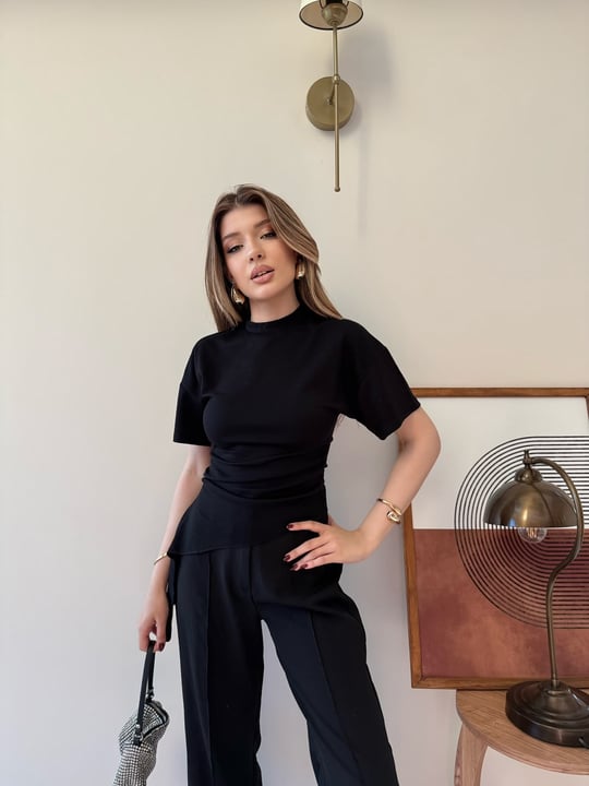 Bel Drape Saçaklı Modal Tişört Siyah 2326