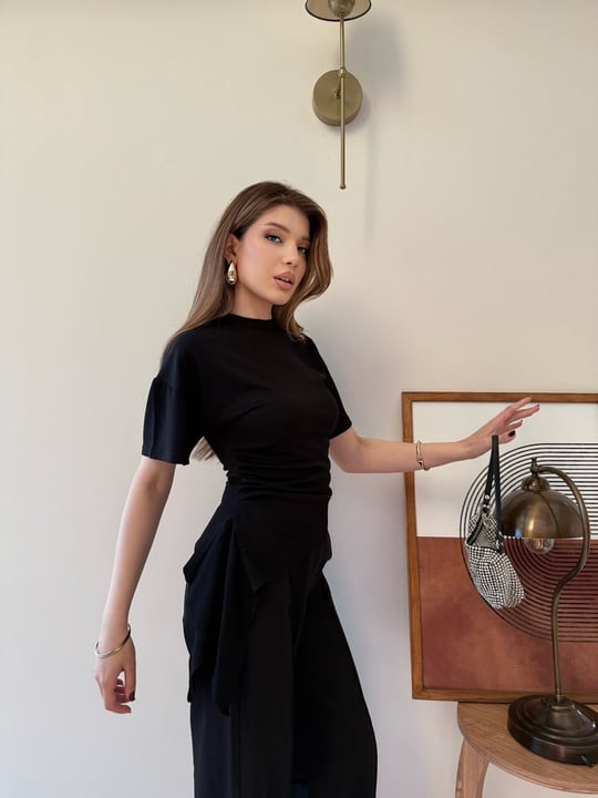 Bel Drape Saçaklı Modal Tişört Siyah 2326