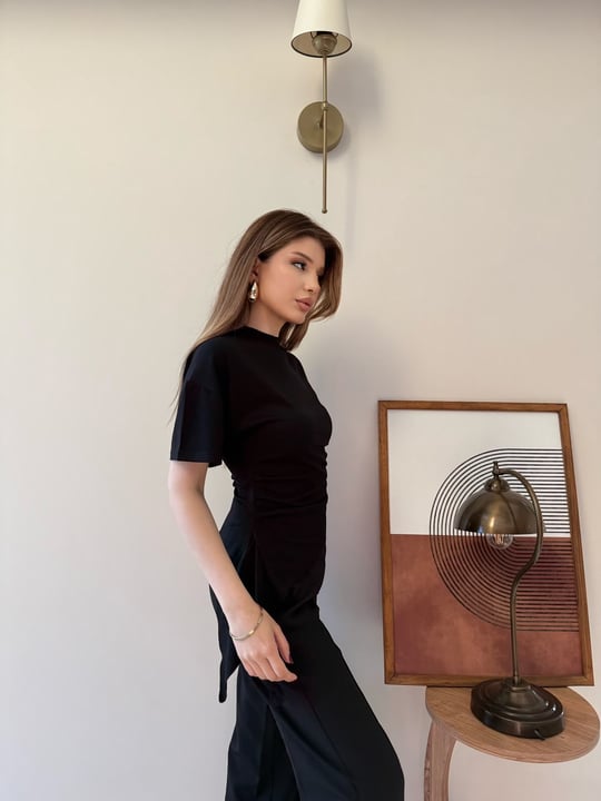 Bel Drape Saçaklı Modal Tişört Siyah 2326