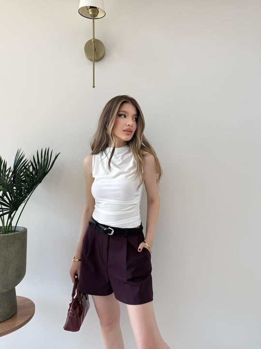 Bel Kemer Detay Double Kumaş Yüksek Bel Şort Mürdüm 2228