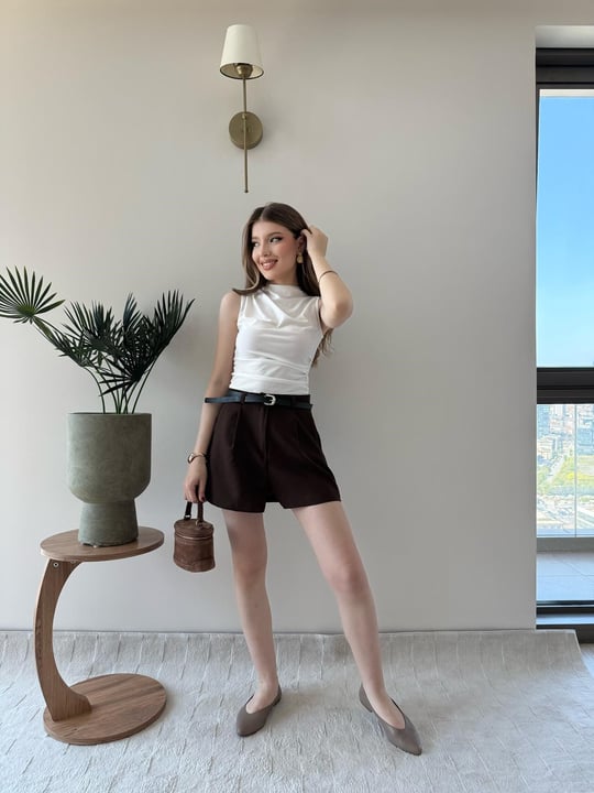 Bel Kemer Detay Double Kumaş Yüksek Bel Şort Mürdüm 2228
