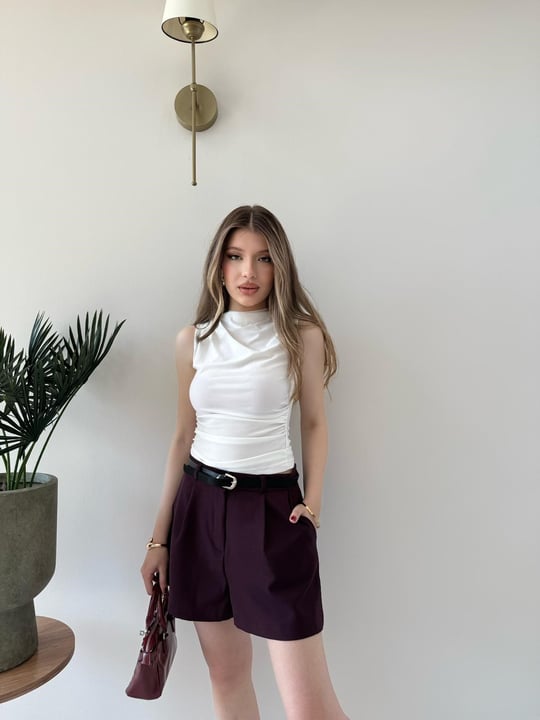 Bel Kemer Detay Double Kumaş Yüksek Bel Şort Mürdüm 2228