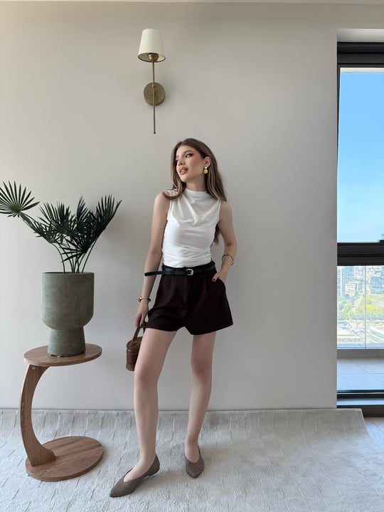 Bel Kemer Detay Double Kumaş Yüksek Bel Şort Acı Kahve 2228