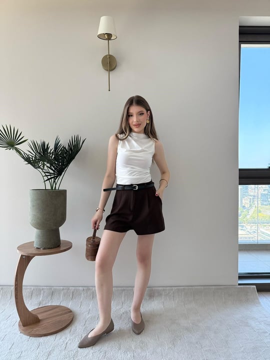Bel Kemer Detay Double Kumaş Yüksek Bel Şort Acı Kahve 2228