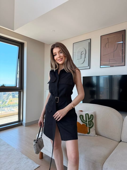 Bel Kemerli Cep Detay Elbise Siyah 2350