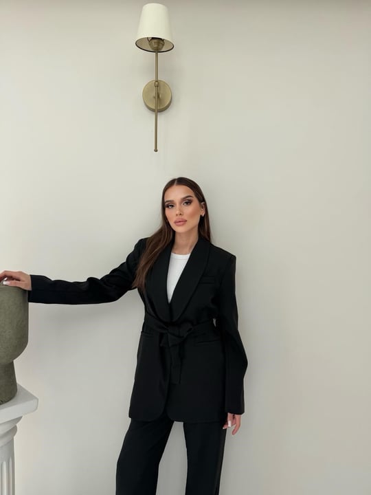 Bel Kuşaklı Blazer Ceket Ve Pantolonlu Double Kumaş İkili Takım Siyah 2084