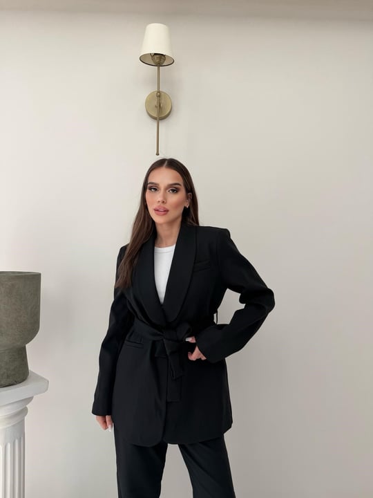 Bel Kuşaklı Blazer Ceket Ve Pantolonlu Double Kumaş İkili Takım Siyah 2084