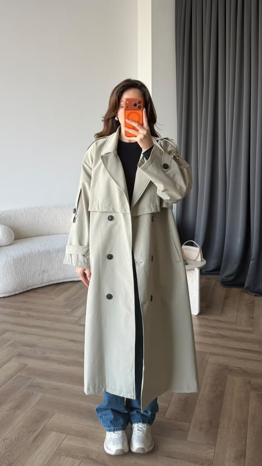 Bel Kuşaklı Omuz Apolet Detay Astarlı Uzun Premium Trençkot Taş 2423