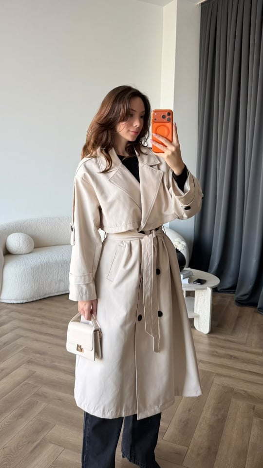 Bel Kuşaklı Omuz Apolet Detay Astarlı Uzun Premium Trençkot Bej 2423