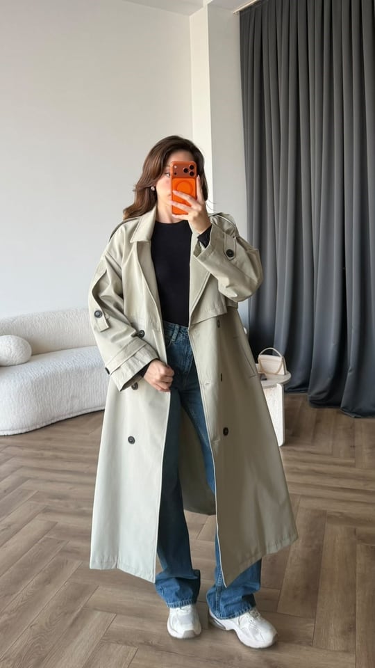 Bel Kuşaklı Omuz Apolet Detay Astarlı Uzun Premium Trençkot Taş 2423