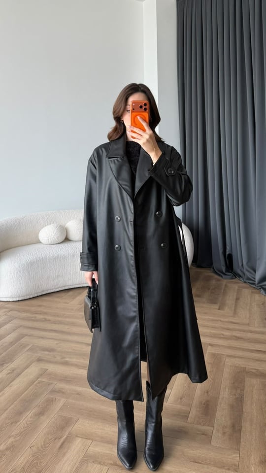 Bel Kuşaklı Uzun Oversize İç Astarlı Deri Mont Siyah 2486