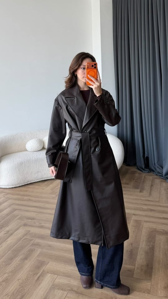 Bel Kuşaklı Uzun Oversize İç Astarlı Deri Mont Kahve 2486