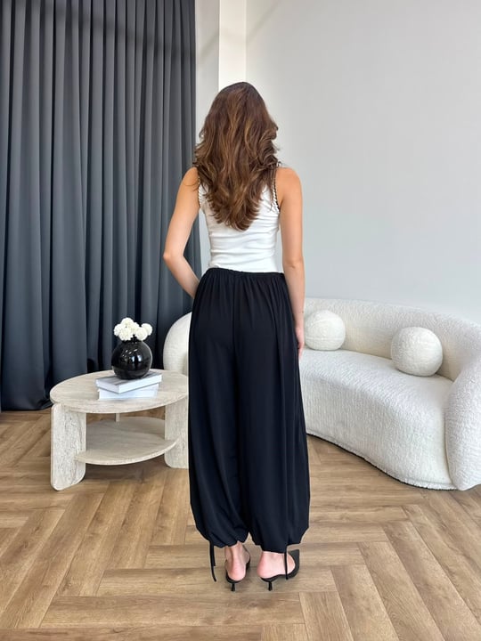 Bel ve Paça İp Bağlama Detay Salaş Sandy Şalvar Pantolon Siyah 2385