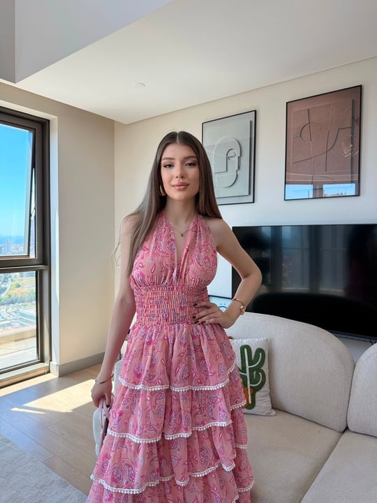 Boyundan Bağlamalı Bel Gipe Detay Kat Kat Şifon Uzun Astarlı Elbise Pembe 2330