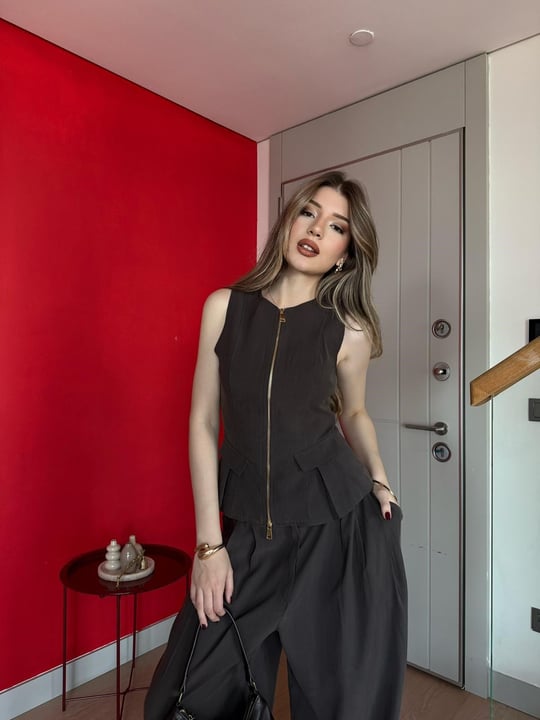 Çift Fermuar Detay Yelek ve Pantolonlu Tensel İkili Takım Acı Kahve 2264