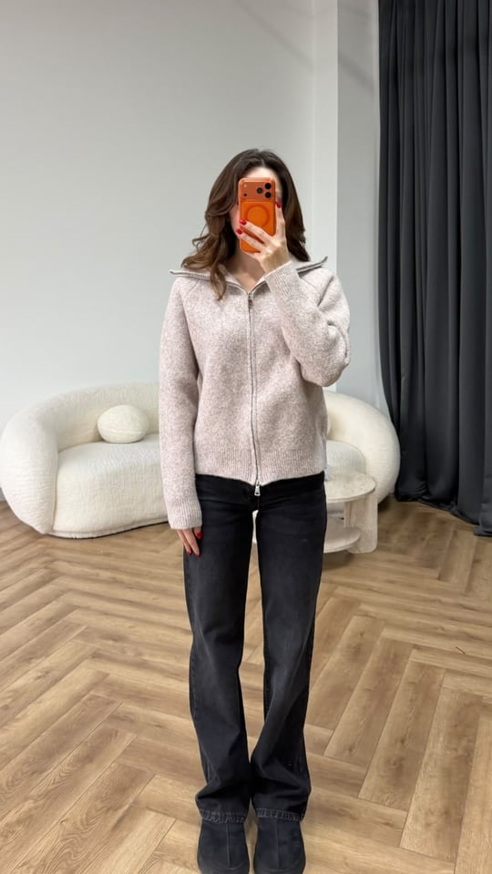 Çift Fermuarlı Triko Hırka Bej 2549