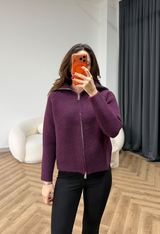 Çift Fermuarlı Triko Hırka Mürdüm 2549