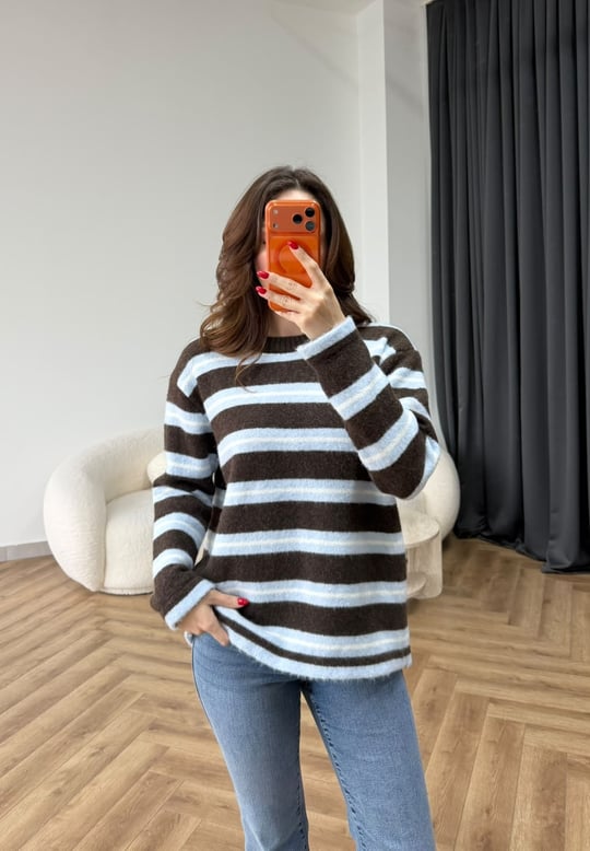 Çizgili Oversize Yumoş Kazak Mavi Kahve 2551