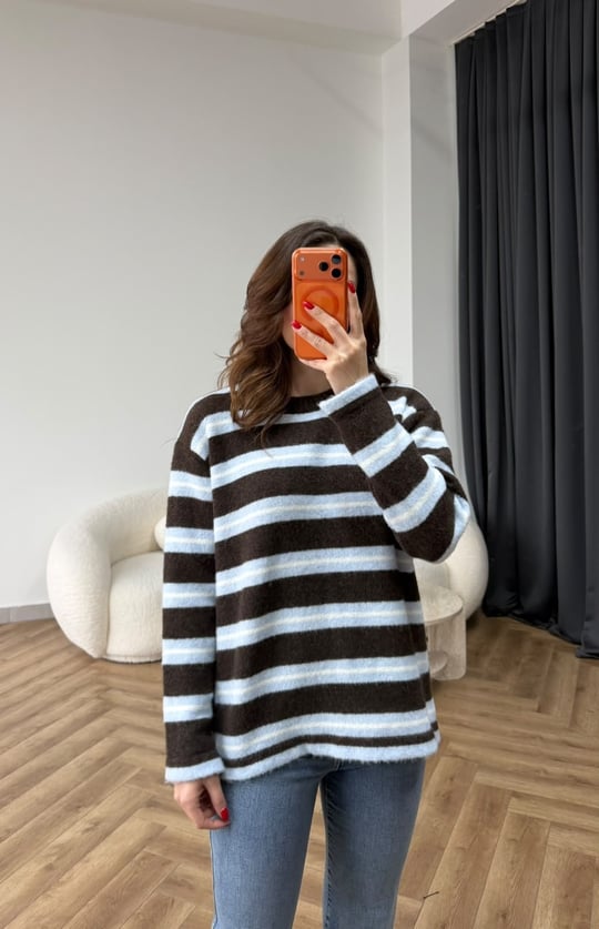 Çizgili Oversize Yumoş Kazak Mavi Kahve 2551