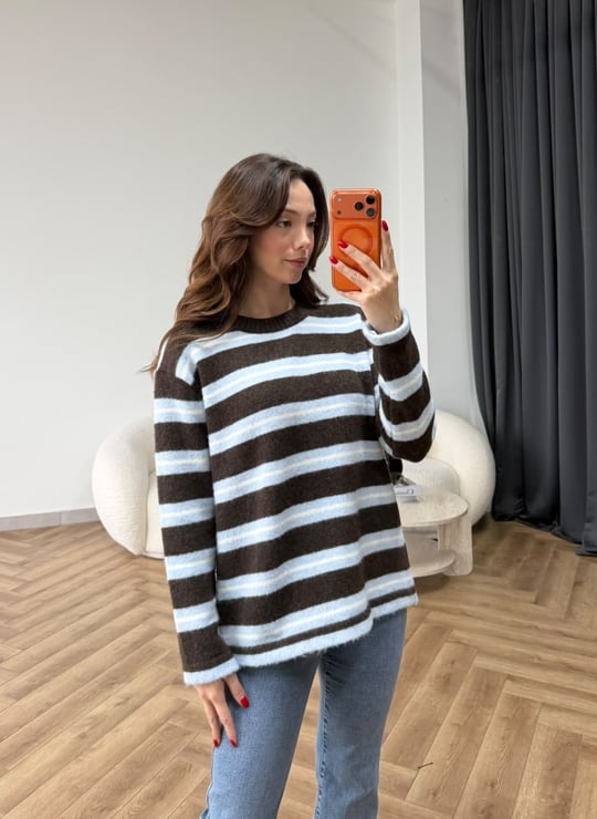 Çizgili Oversize Yumoş Kazak Mavi Kahve 2551
