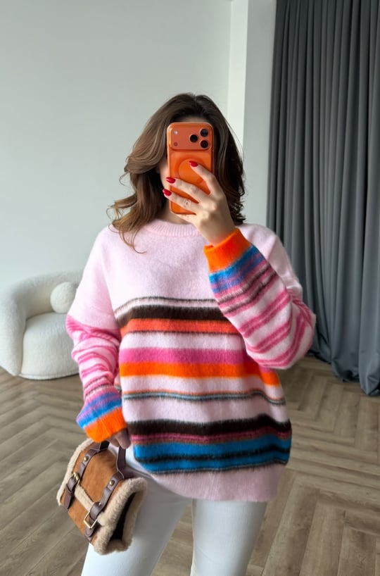 Çizgili Renkli Salaş Kazak Pembe 2543