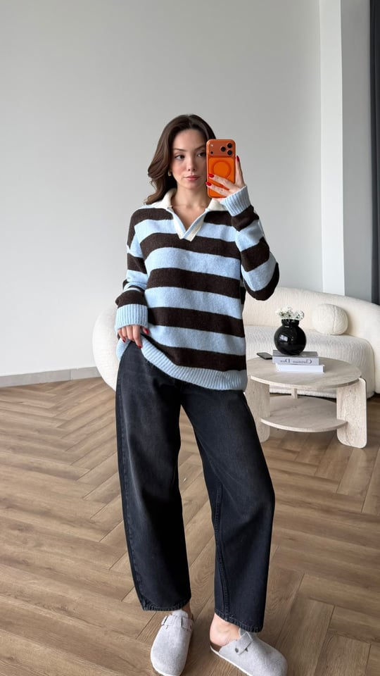 Çizgili Yakalı Oversize Triko Mavi Kahve 2531
