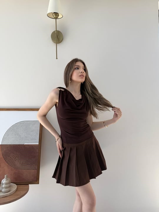 Degaje Yaka Omuz Aksesuar Detay Sandy Bluz Kahve 2311