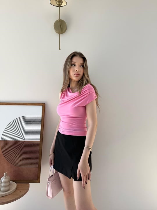 Degaje Yaka Omuz Aksesuar Detay Sandy Bluz Pembe 2311