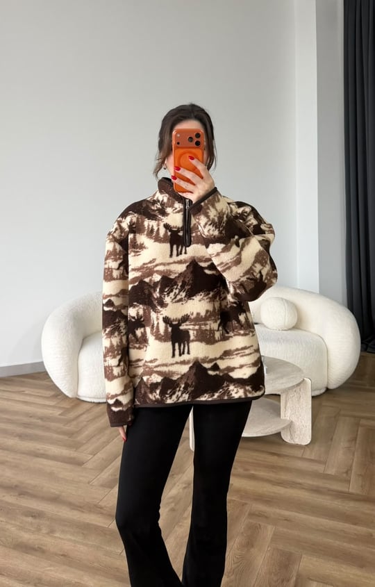 Dik Yaka Fermuar Detay Desenli Polar Sweat Kahve 2516