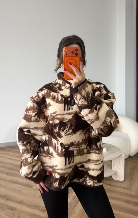 Dik Yaka Fermuar Detay Desenli Polar Sweat Kahve 2516