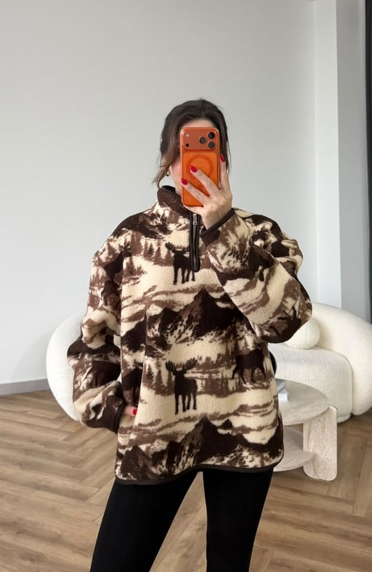 Dik Yaka Fermuar Detay Desenli Polar Sweat Kahve 2516