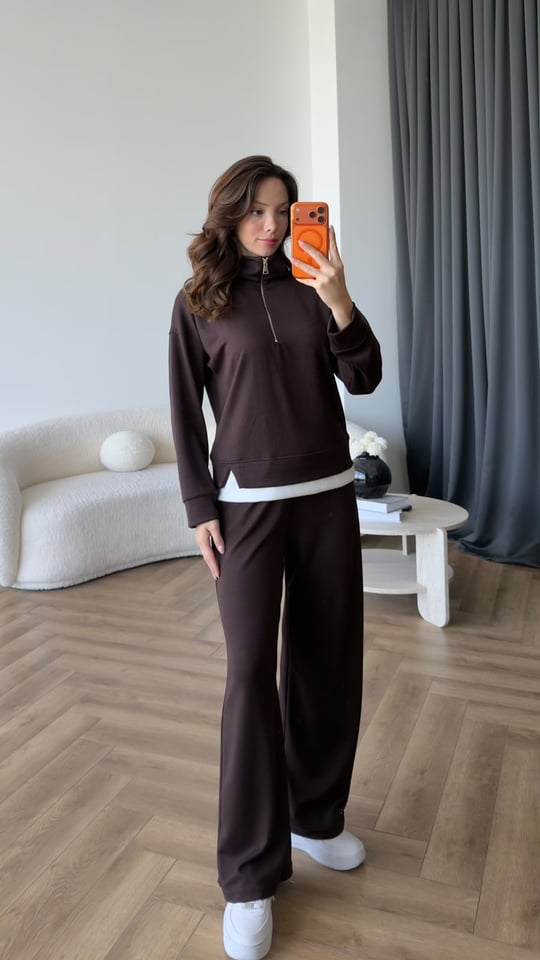 Dik Yaka Yârım Fermuarlı Tişört Detay Sweat ve Pantolonlu İkili Modal Takım Kahve 2401