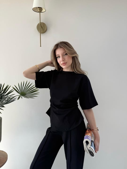 Drape Detay Tişört ve Pantolonlu Modal İkili Takım Siyah 2137