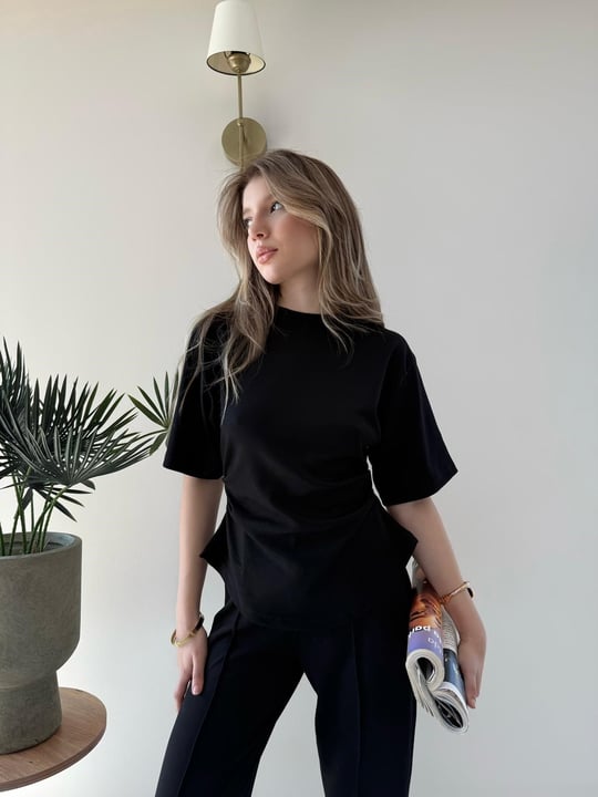 Drape Detay Tişört ve Pantolonlu Modal İkili Takım Siyah 2137