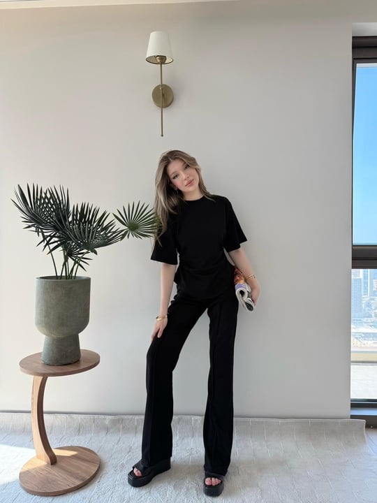 Drape Detay Tişört ve Pantolonlu Modal İkili Takım Siyah 2137