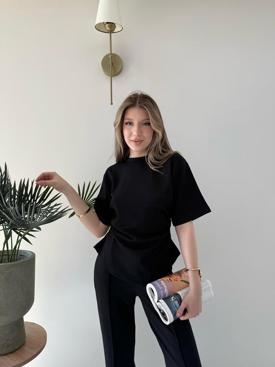 Drape Detay Tişört ve Pantolonlu Modal İkili Takım Siyah 2137