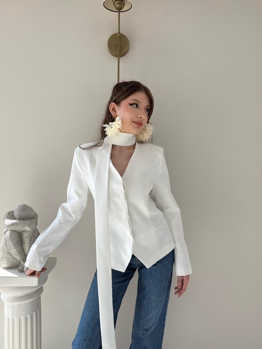 Fular Detay Gizli Düğmeli Astarlı Blazer Ceket Beyaz 2115