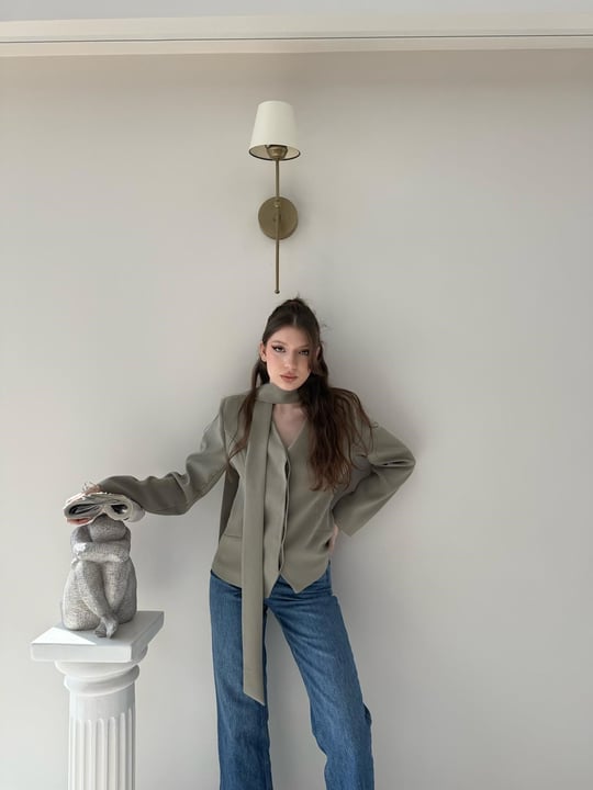 Fular Detay Gizli Düğmeli Astarlı Blazer Ceket Haki 2115