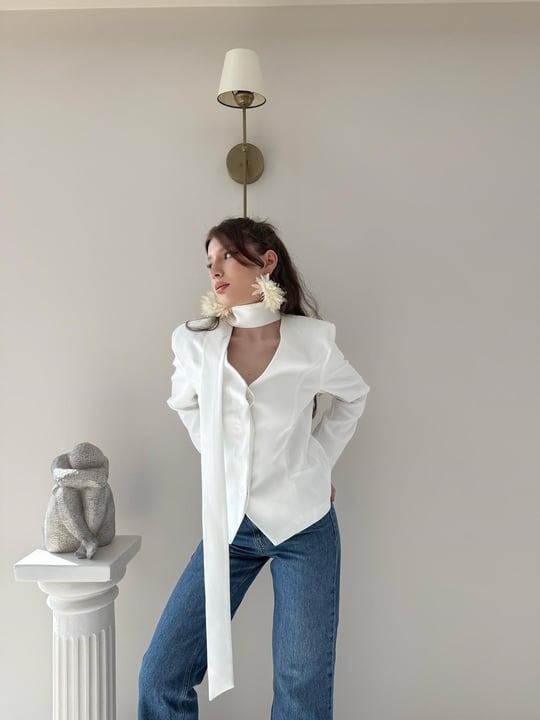 Fular Detay Gizli Düğmeli Astarlı Blazer Ceket Beyaz 2115