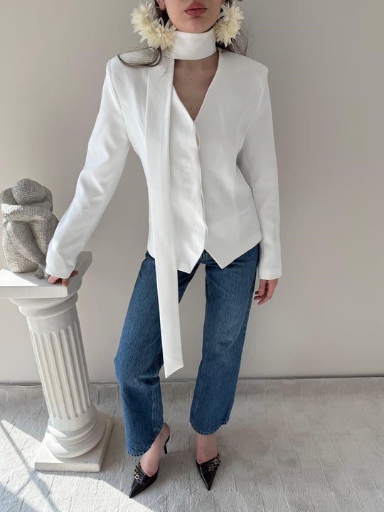 Fular Detay Gizli Düğmeli Astarlı Blazer Ceket Beyaz 2115