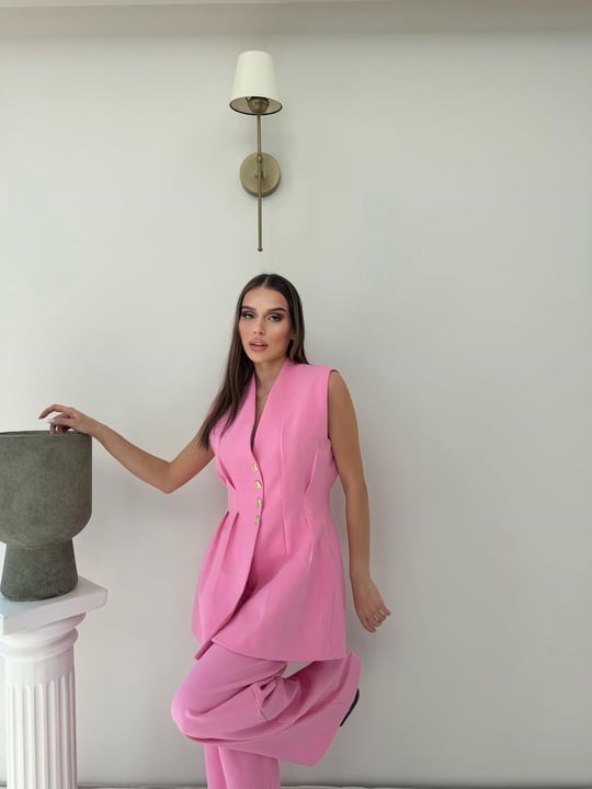 Gold Düğme Detay Yelek Ve Pantolonlu Kumaş İkili Double Takım Pembe 2074