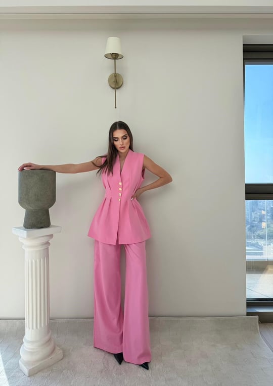 Gold Düğme Detay Yelek Ve Pantolonlu Kumaş İkili Double Takım Pembe 2074