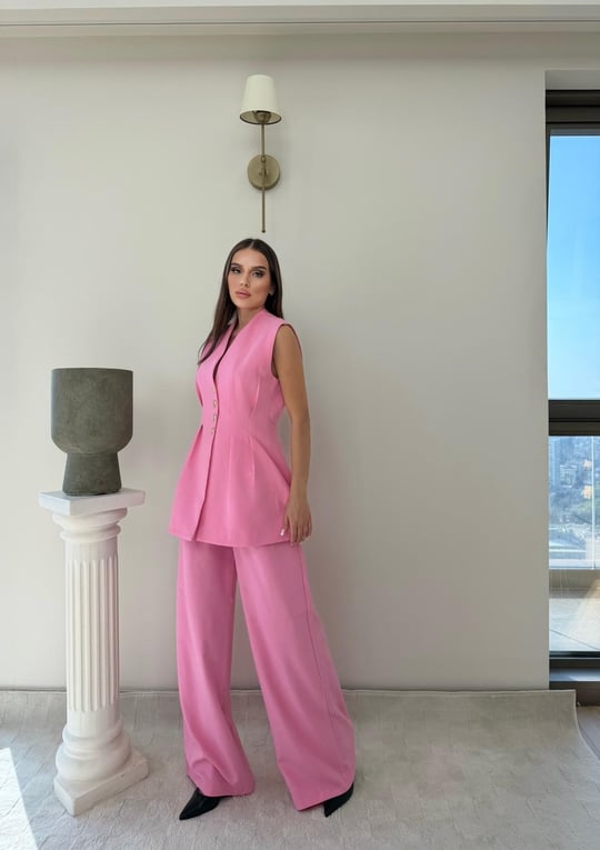 Gold Düğme Detay Yelek Ve Pantolonlu Kumaş İkili Double Takım Pembe 2074