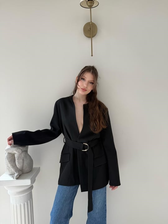 Hakim Yaka Bel Kemer Detay Blazer Ceket Siyah 2113